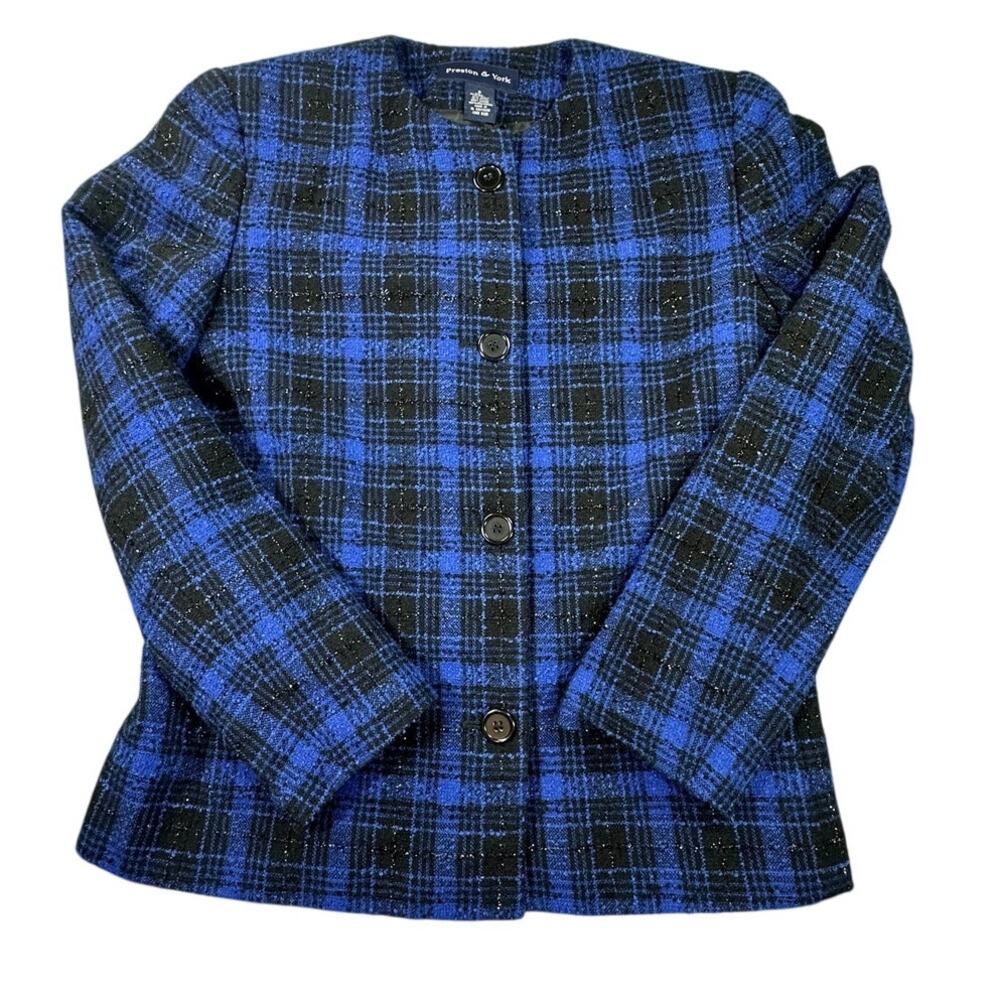 Preston & York Tweed Plaid Wool Blend Collarless Button Jacket Blazer 8